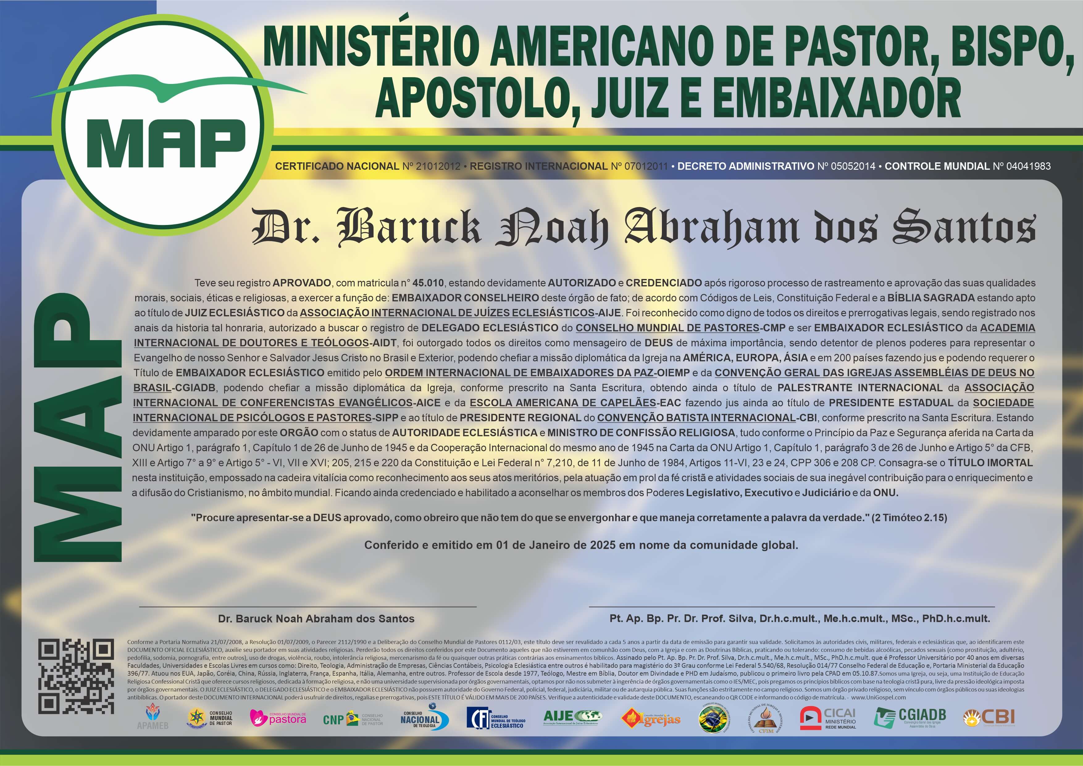 Diploma de Membro Ministério Americano de Pastor, Bispo, Apóstolo, Juiz e Embaixador