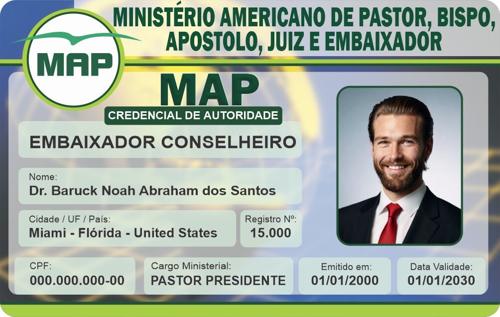 Credencial Ministério Americano de Pastor, Bispo, Apóstolo, Juiz e Embaixador