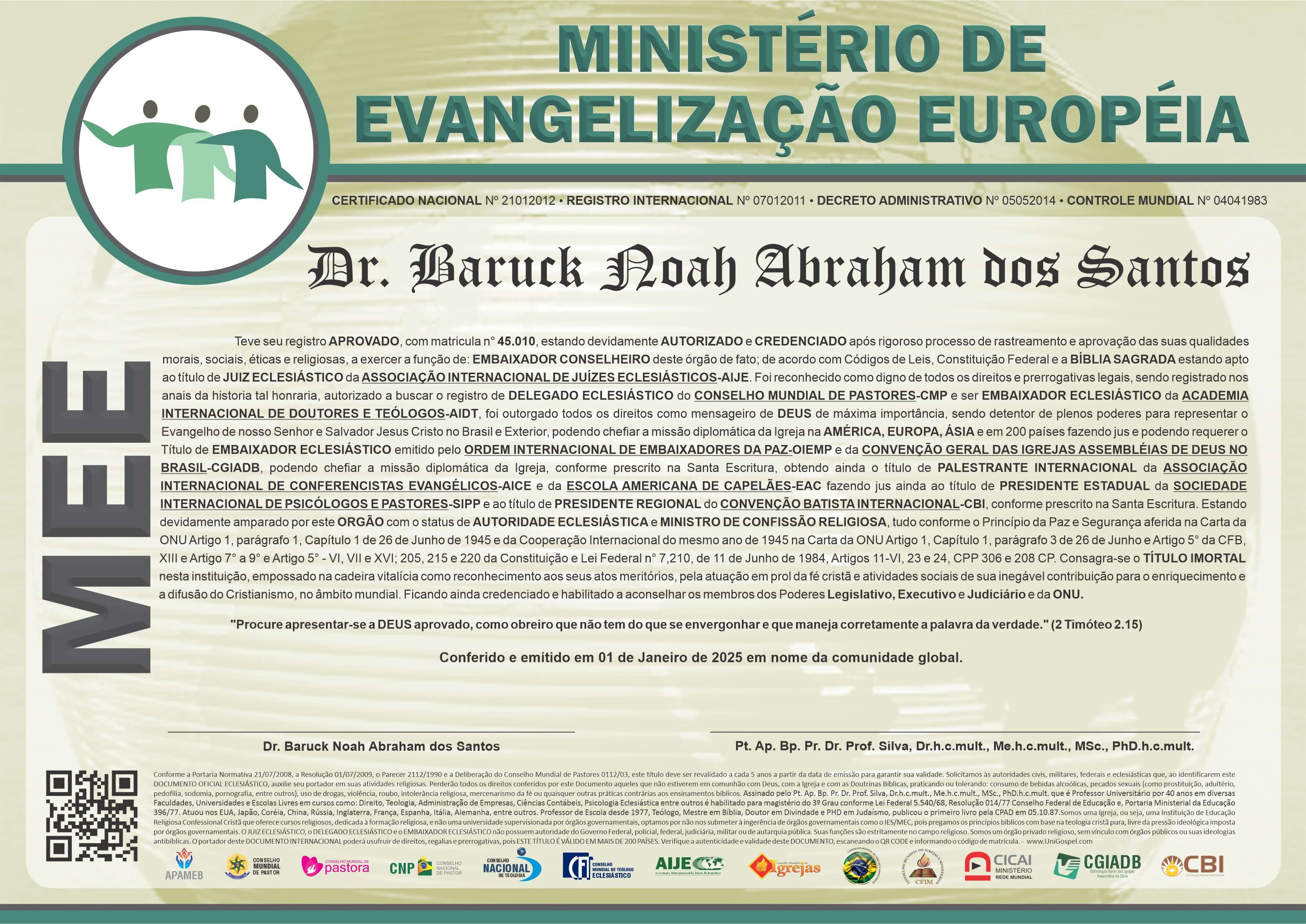 Diploma de Membro Ministério de Evangelização Européia