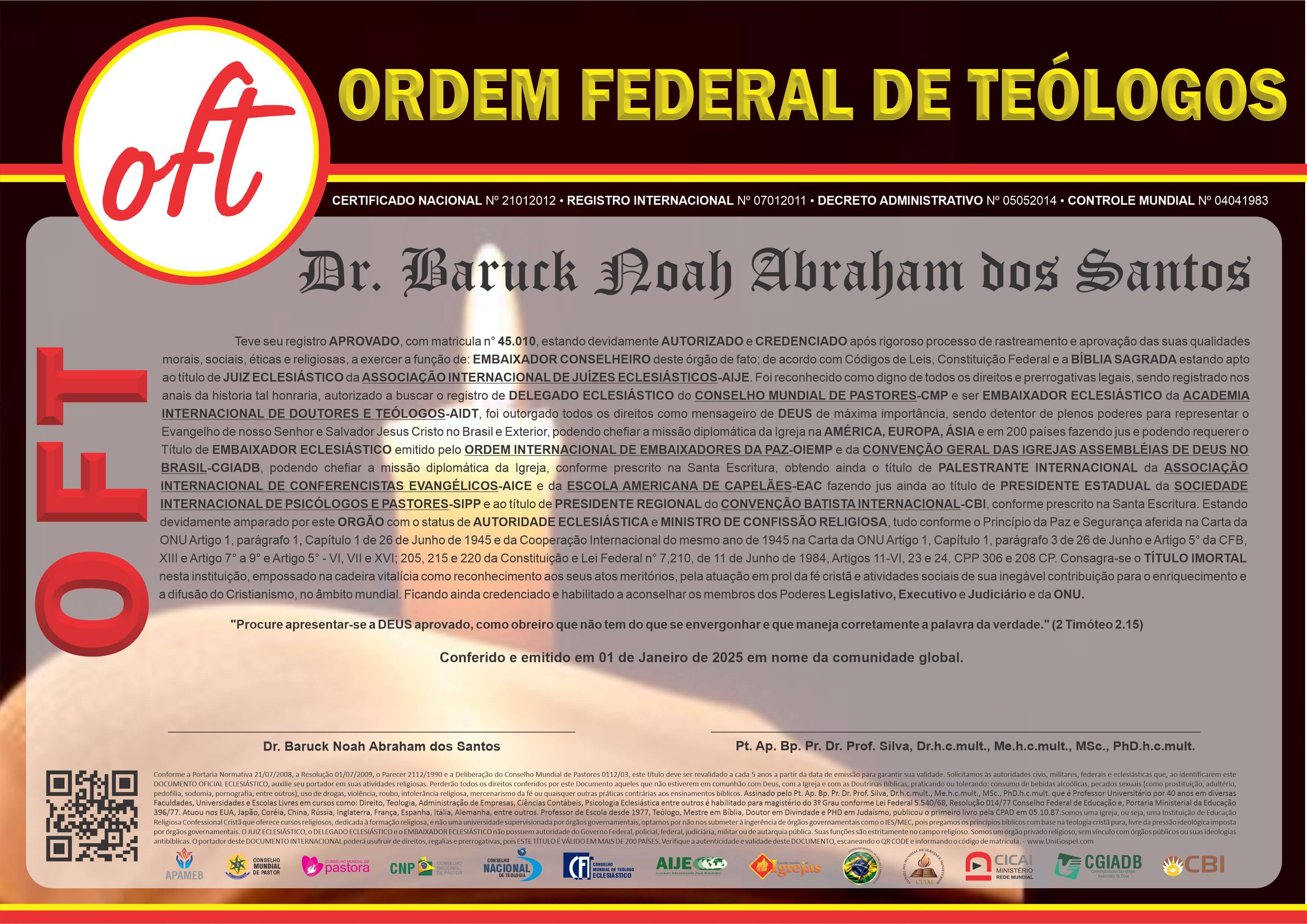 Diploma de Membro Ordem Federal de Teólogo