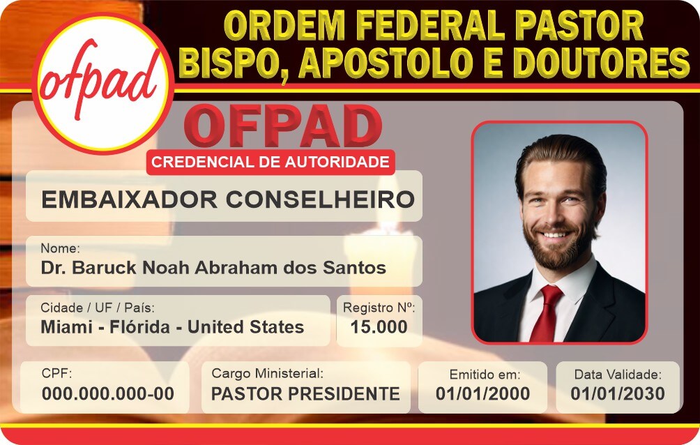 Credencial Ordem Federal Pastor, Bispo, Apóstolo e Doutores
