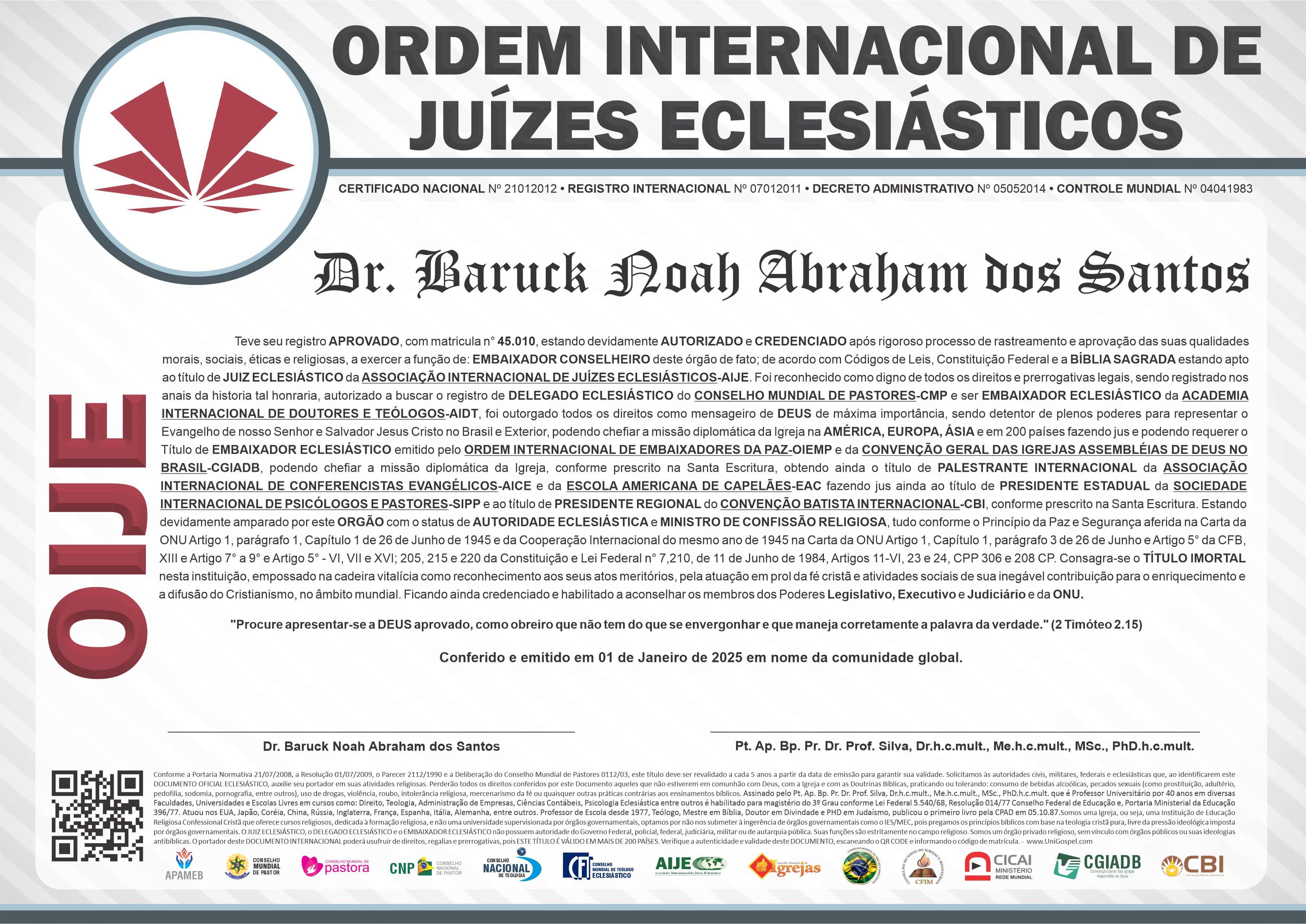 Diploma de Membro Ordem Internacional de Juizes Eclesiásticos