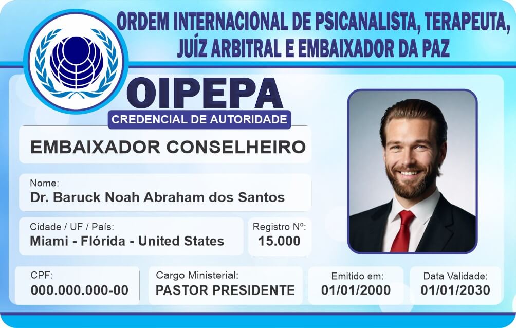 Credencial Ordem Internacional de Psicanalista, Terapeuta, Juiz Arbitral e Embaixador da Paz