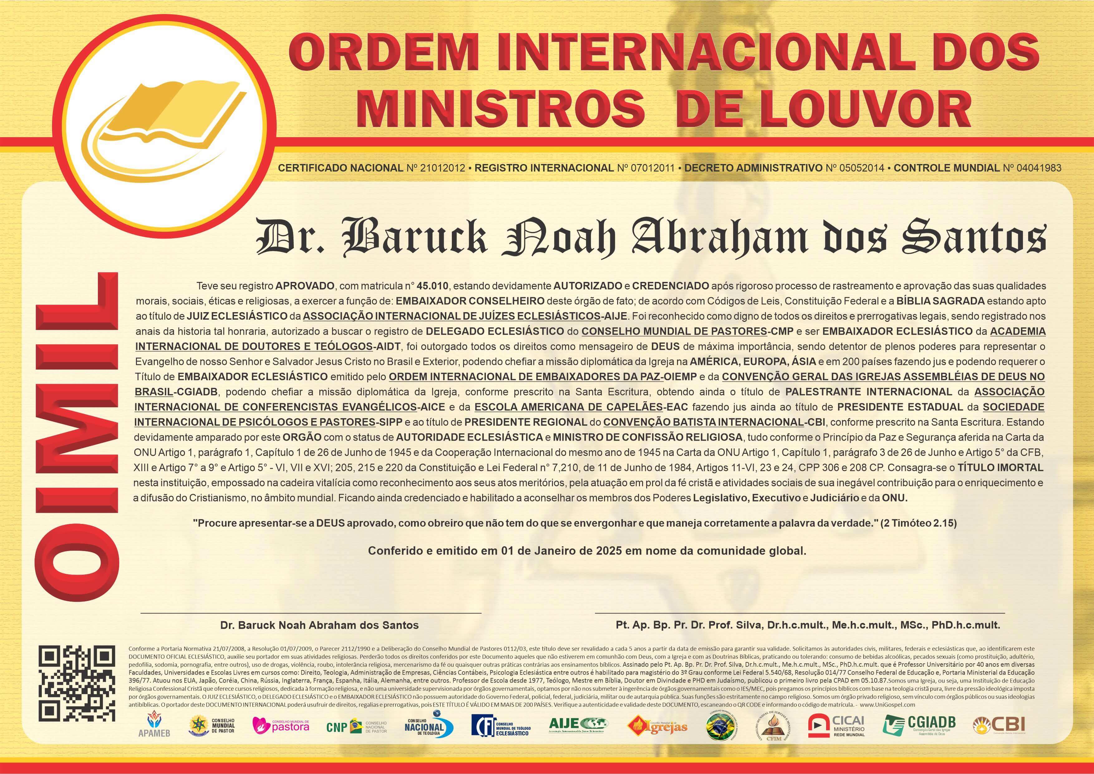 Diploma de Membro Ordem Internacional dos Ministros de Louvor
