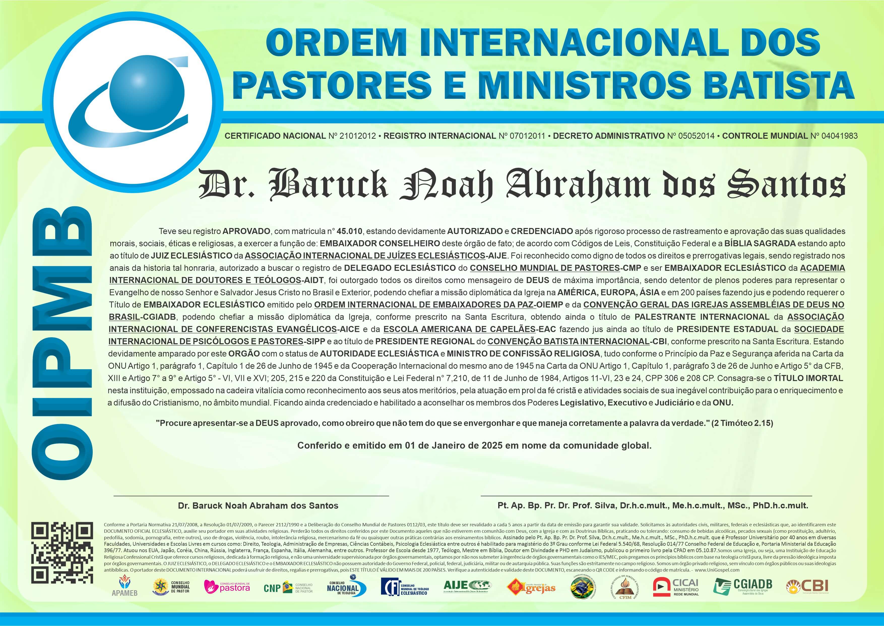 Diploma de Membro Ordem Internacional dos Pastores e Ministros Batista