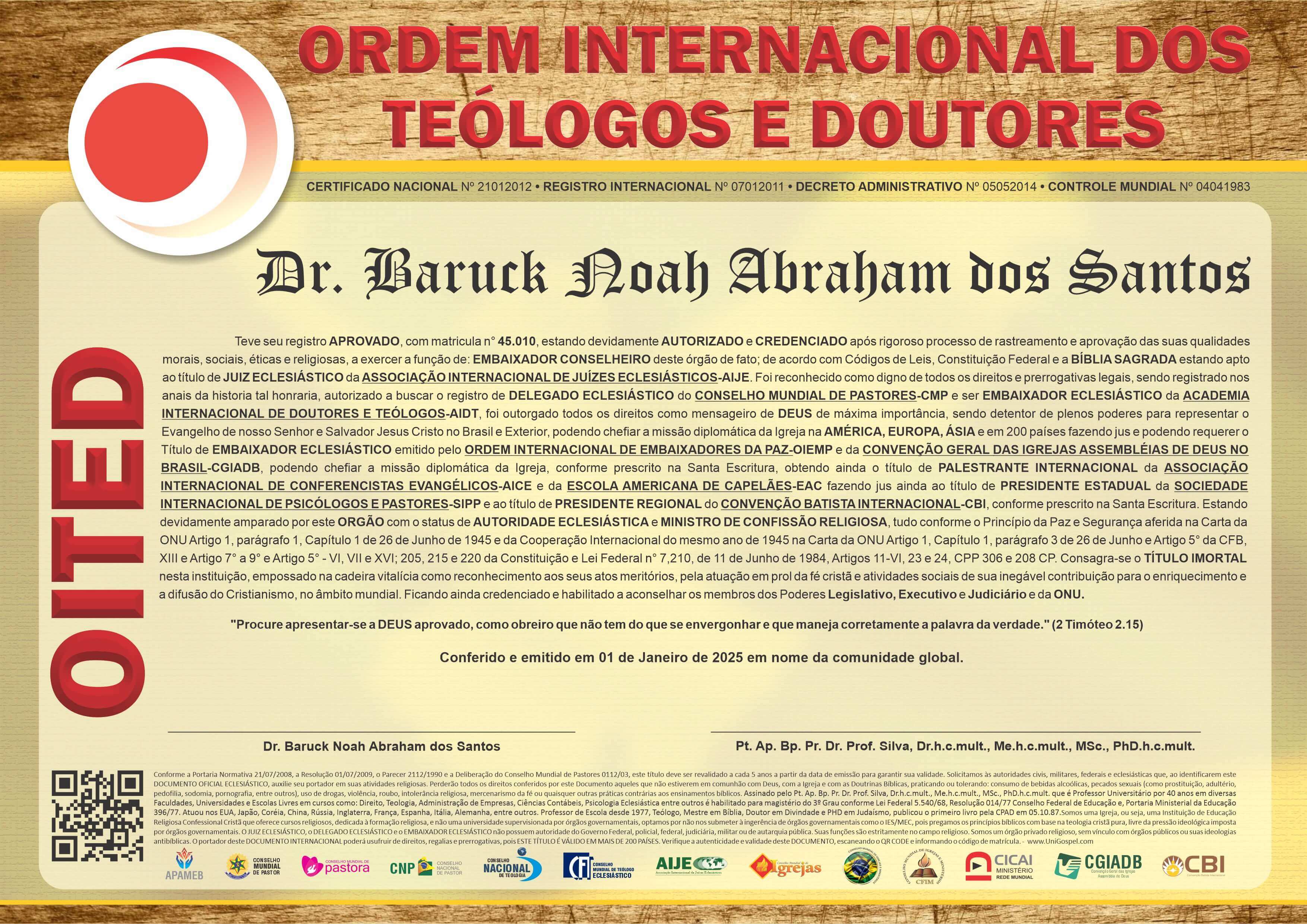 Diploma de Membro Ordem Internacional dos Teólogos e Doutores