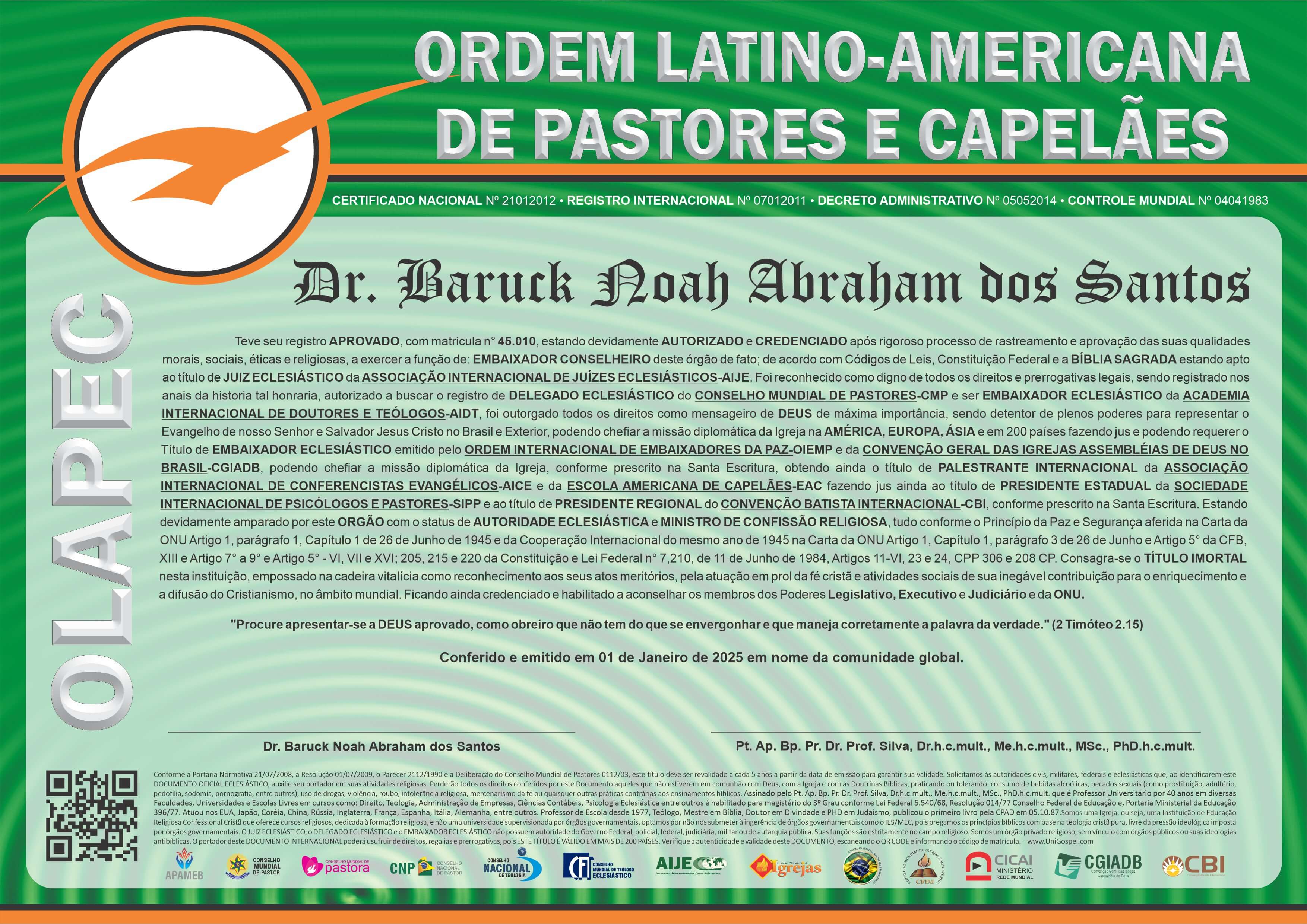 Diploma de Membro Ordem Latino Americana de Pastores e Capelães