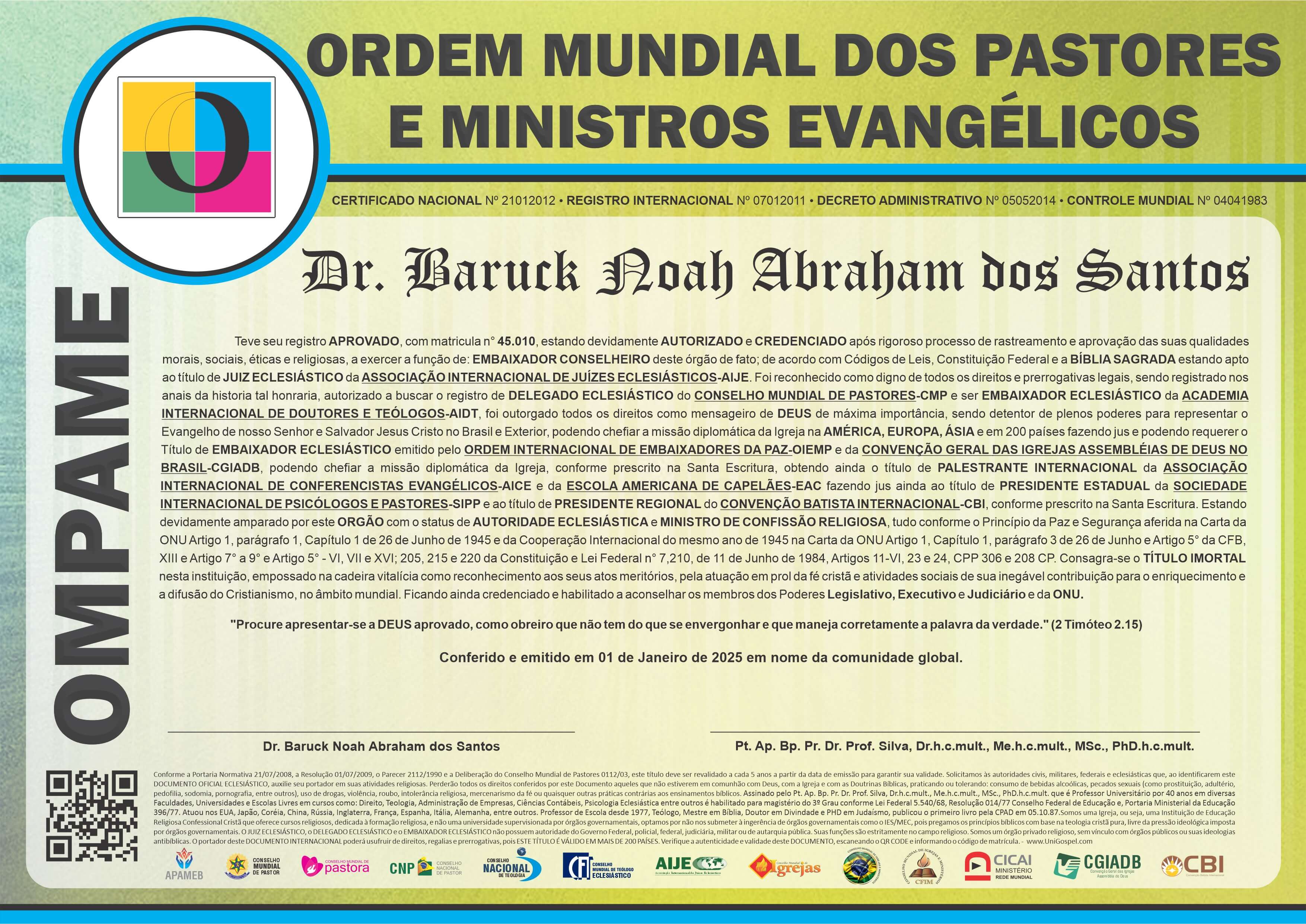 Diploma de Membro Ordem Mundial dos Pastores e Ministros Evangélicos
