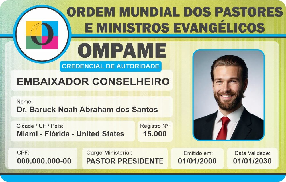Credencial Ordem Mundial dos Pastores e Ministros Evangélicos