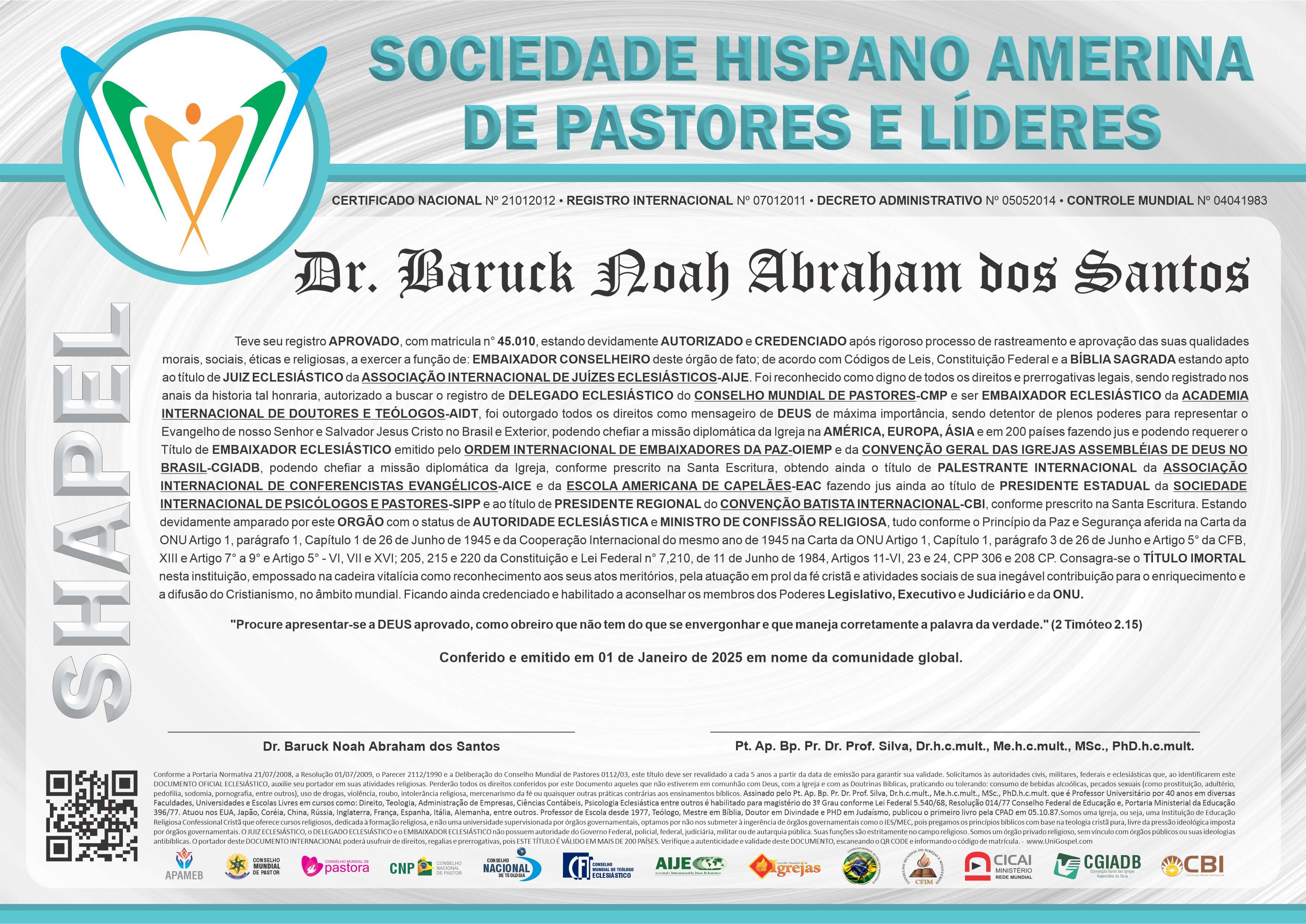 Diploma de Membro Sociedade Hispano Americana de Pastores e Líderes
