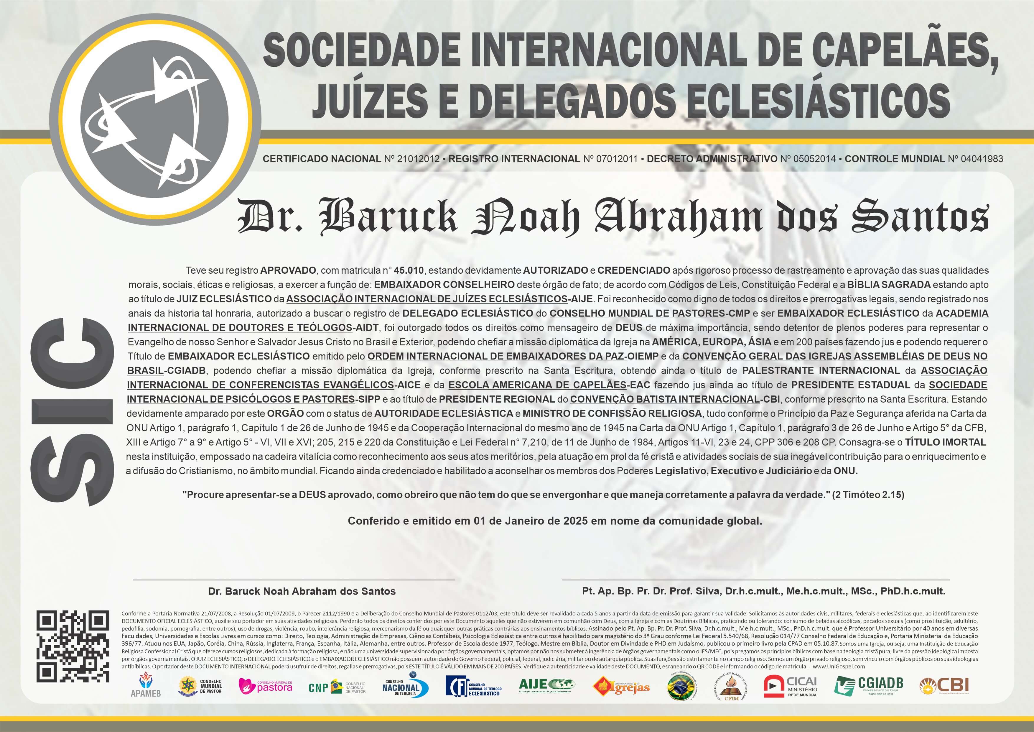 Diploma de Membro Sociedade Internacional de Capelães, Juizes e Delegados Eclesiásticos