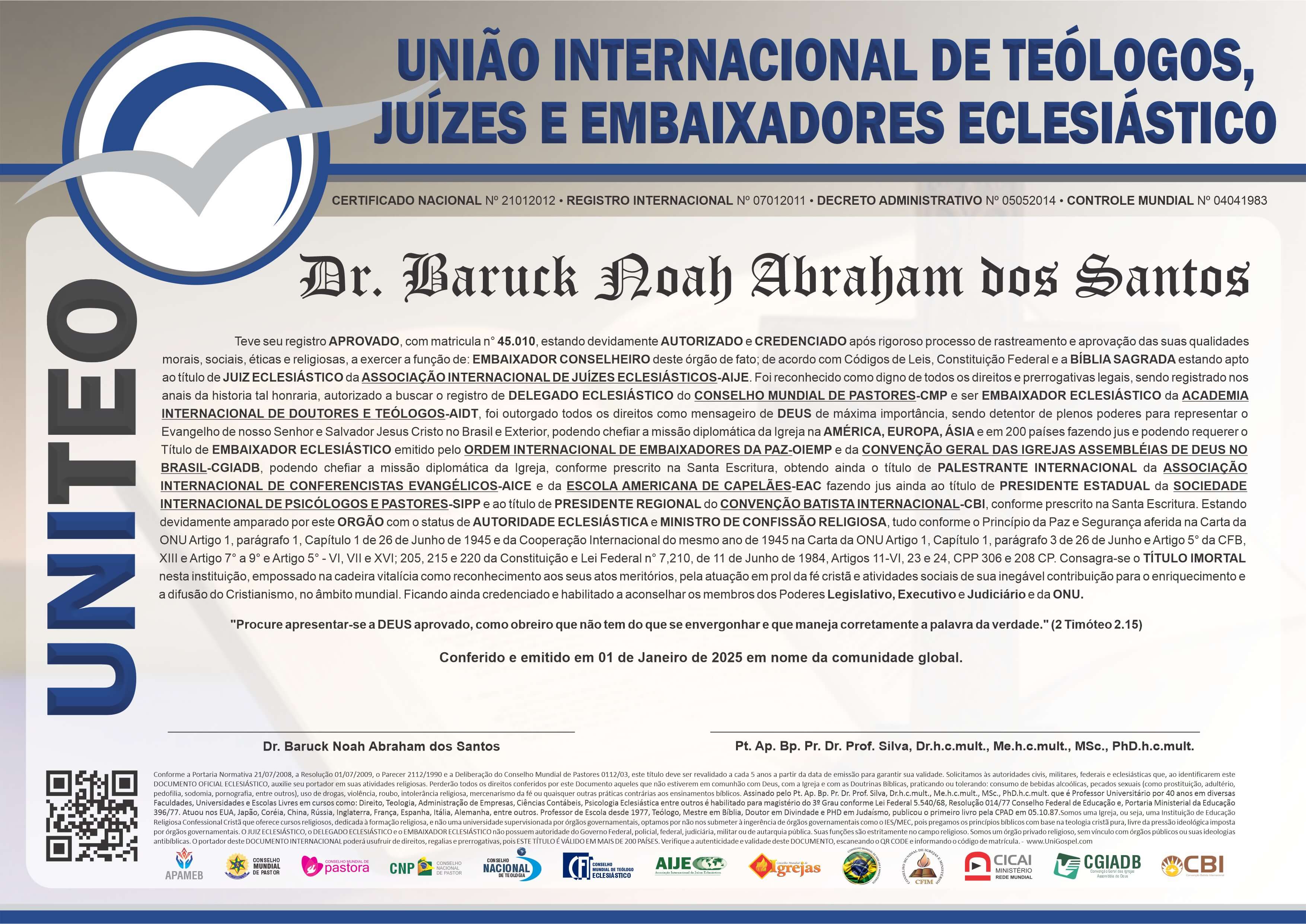 Diploma de Membro União Internacional de Teólogos, Juizes e Embaixadores Eclesiásticos