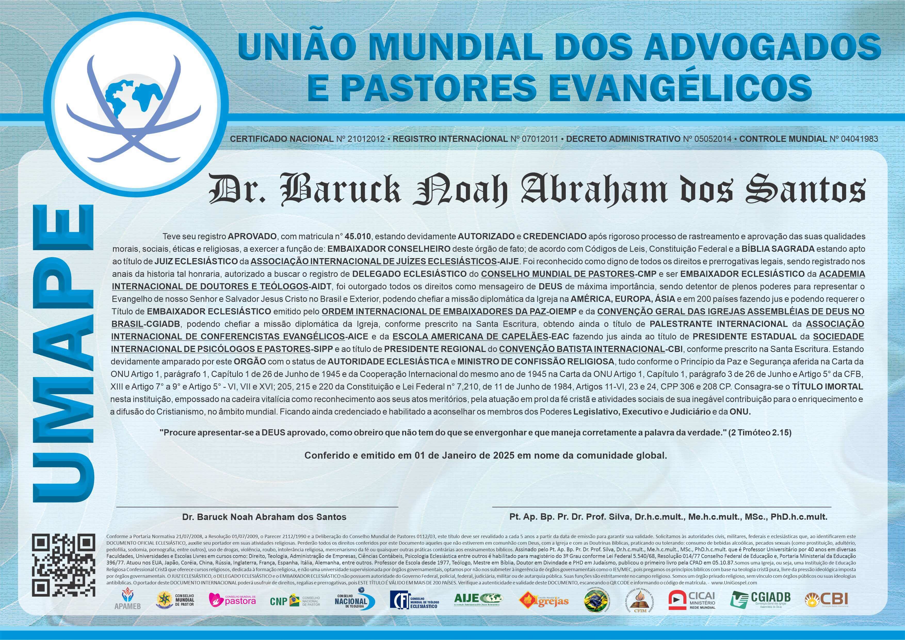 Diploma de Membro União Mundial dos Advogados e Pastores Evangélicos