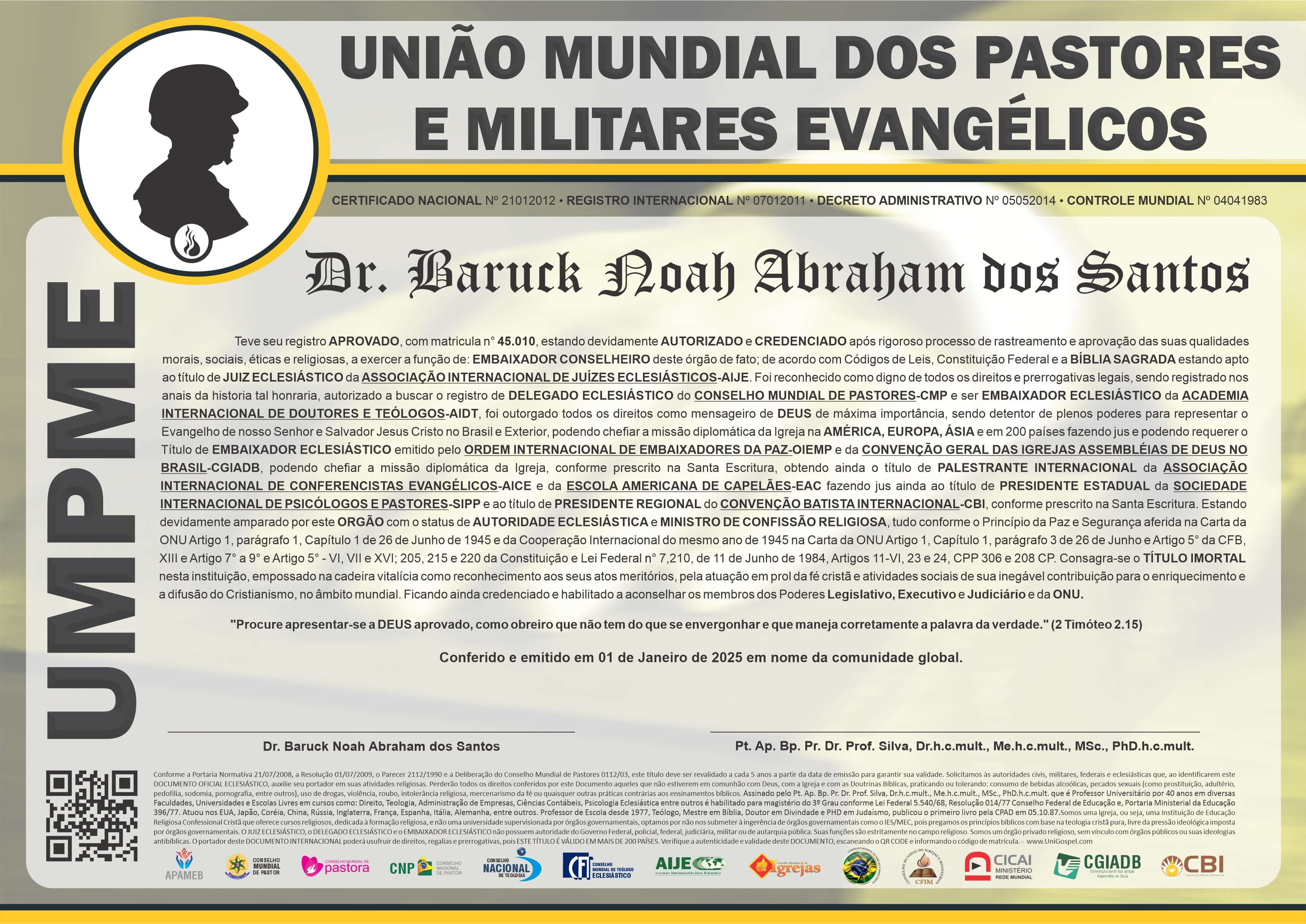 Diploma de Membro União Mundial dos Pastores e Militares Evangélicos